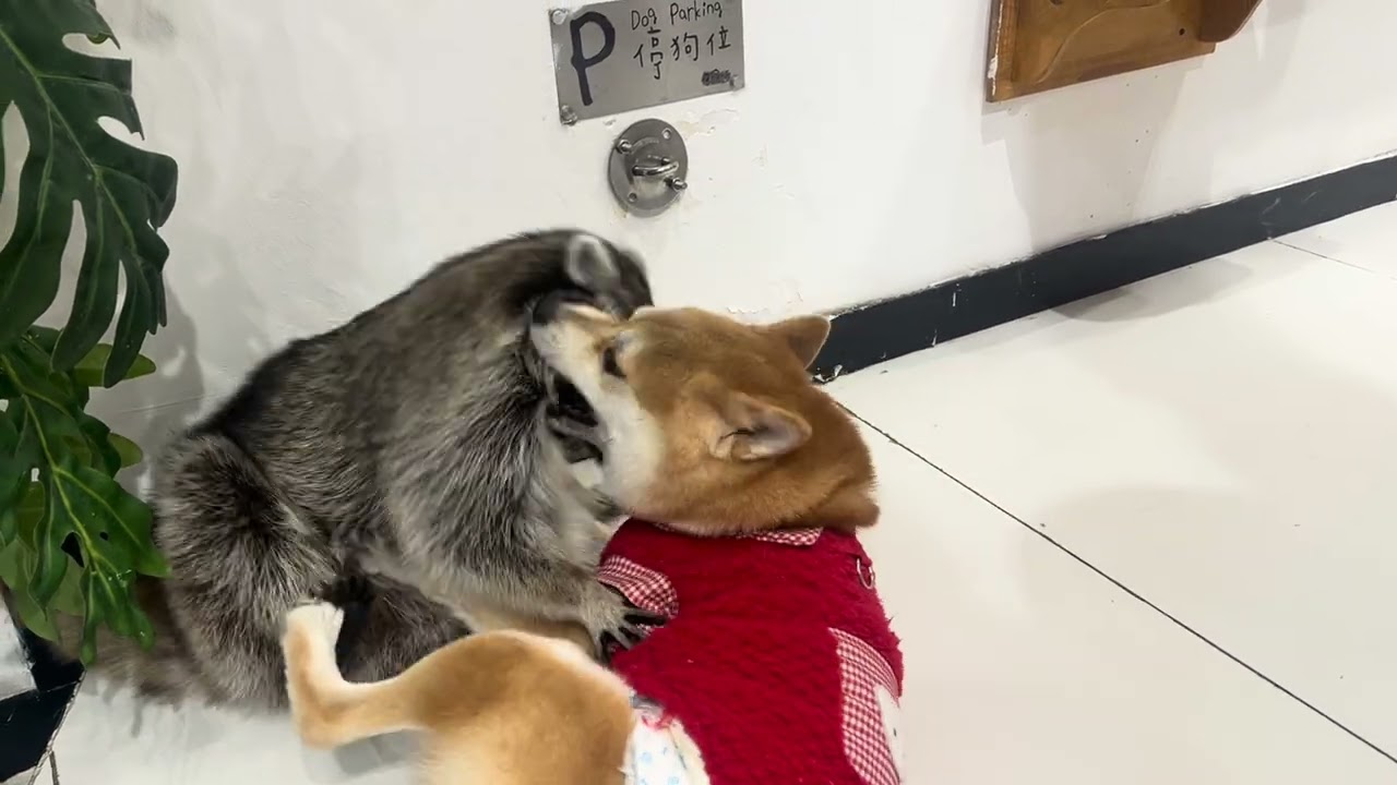 A raccoon and dog fighting🤣🤣🤣