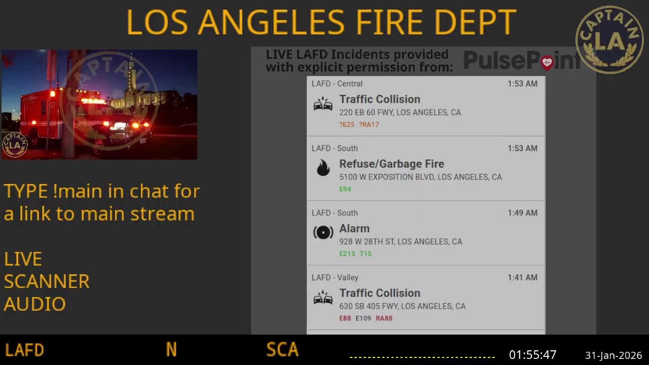 LAFD - *LIVE* Los Angeles Fire Department SCANNER Radio // FIRE & EMS // 30-Jan-2026 // LA CAPTAIN