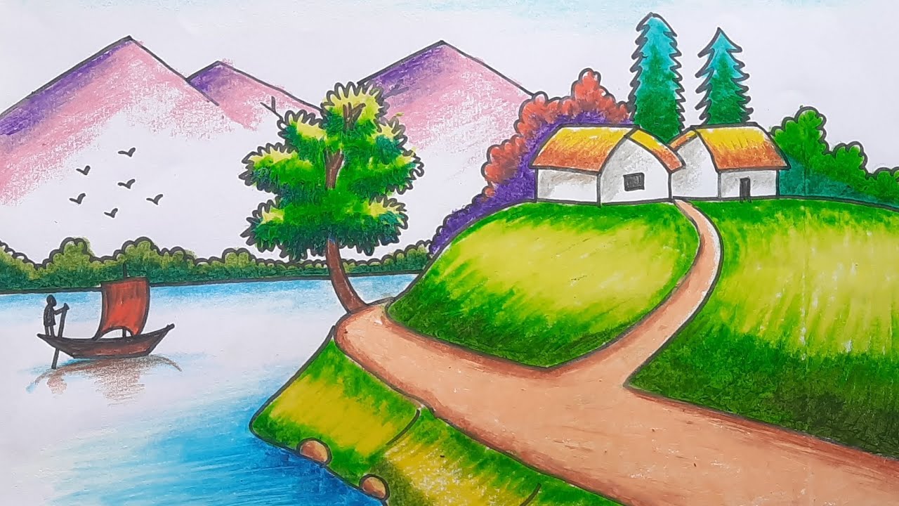 Village scenery drawing // Easy scenery drawing // সহজে গ্রামের দৃশ্য আঁকা।
