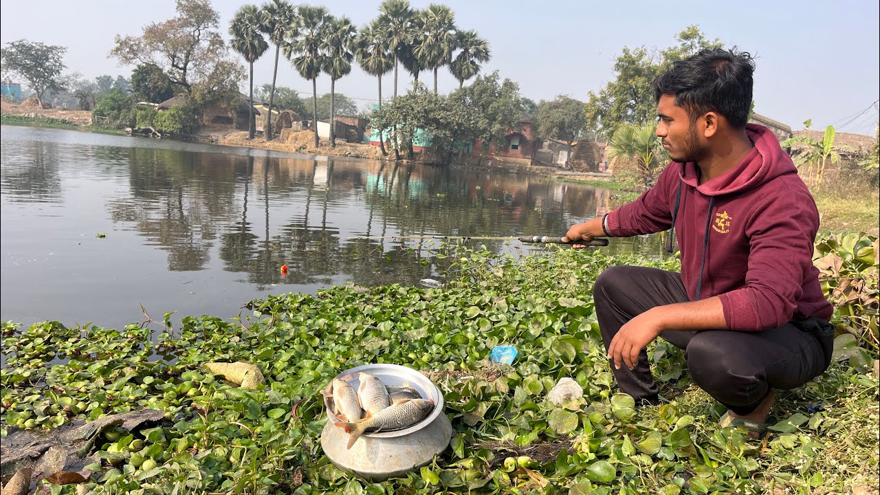 Fishing Video || The village boy knows the techniques of catching fish in the pond very well || Hook