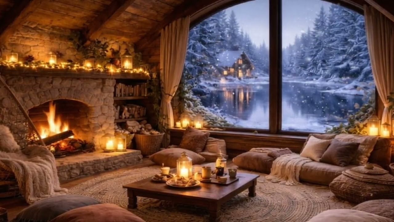 Cozy Cabin Fireplace | Winter Night Ambience | Crackling Fire & Snow