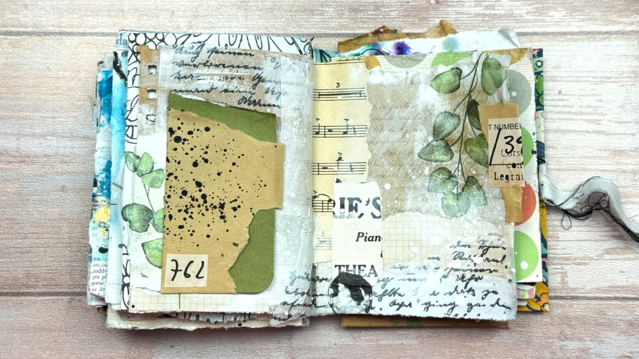 Art Journal Page: Neutral tones (and green) with Broken Pocket Focal Point | Mixed Media