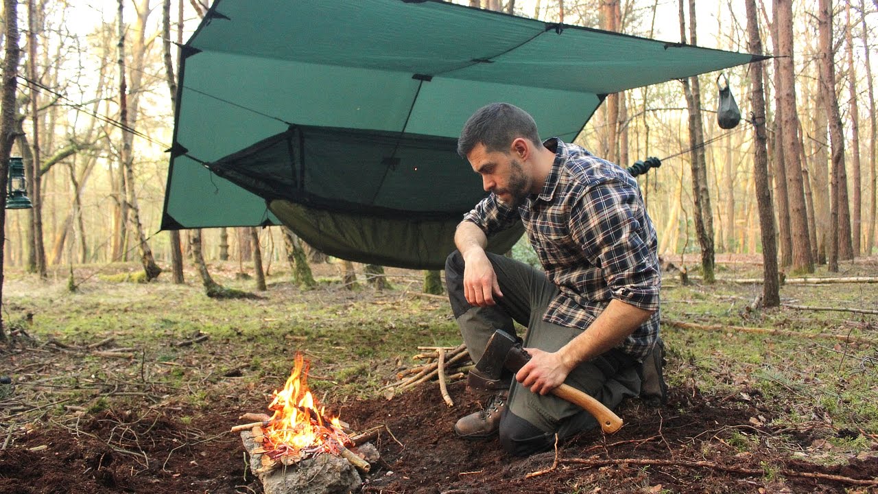 Overnight Hammock Camping in the Woods - Camp Fire, Tarp, Knife and Camp Tips