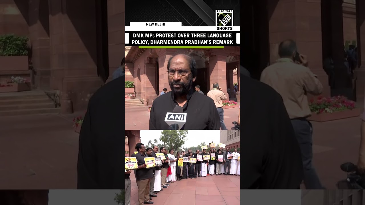 DMK MPs protest over three language policy, Dharmendra Pradhan&rsquo;s remark outside Parliament