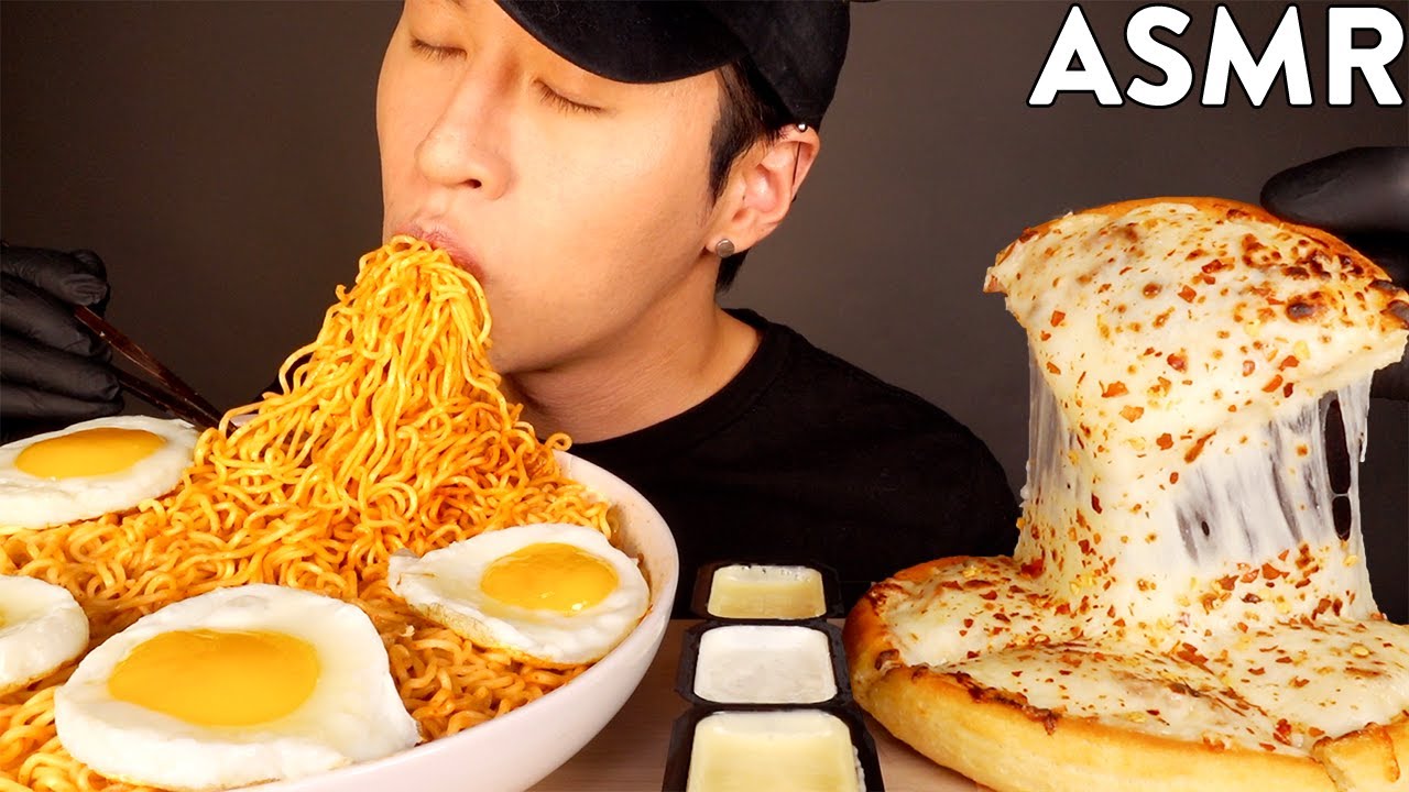 ASMR MUKBANG SPICY INDOMIE MI GORENG & EXTRA CHEESY PIZZA (No Talking) COOKING & EATING SOUNDS