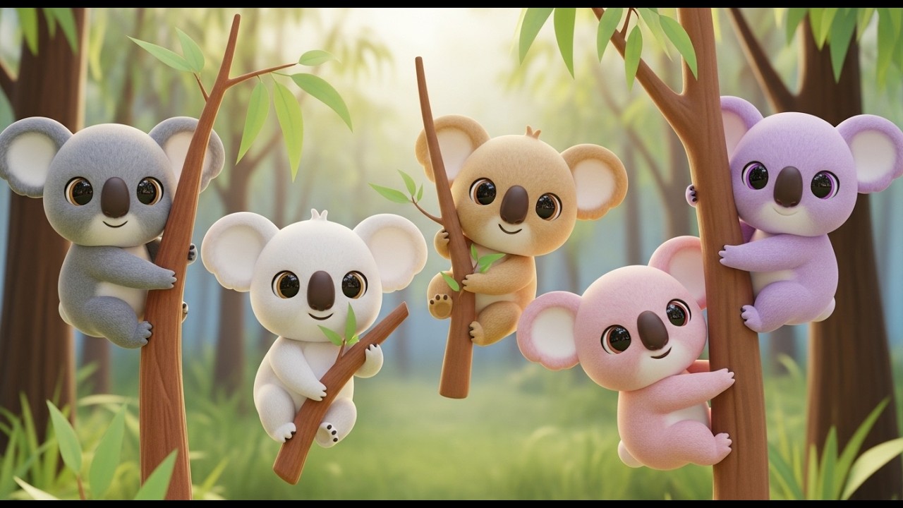 Cinco Amiguinhos Coalas se Agarram | Rima Infantil de Animais e Natureza