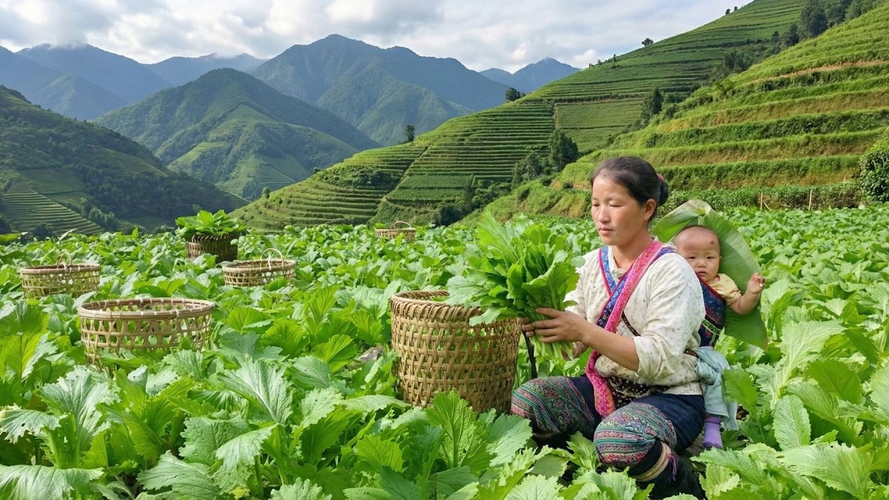Harvesting Green Vegetables from the Garden and Taking Them to the Market for Sale, Cleaning Up Gard