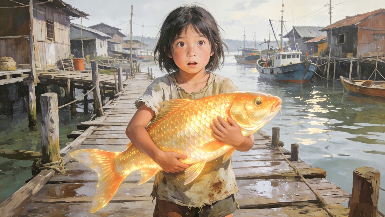 Menina solta peixe brilhante, peixe tem identidade especial, destino muda!