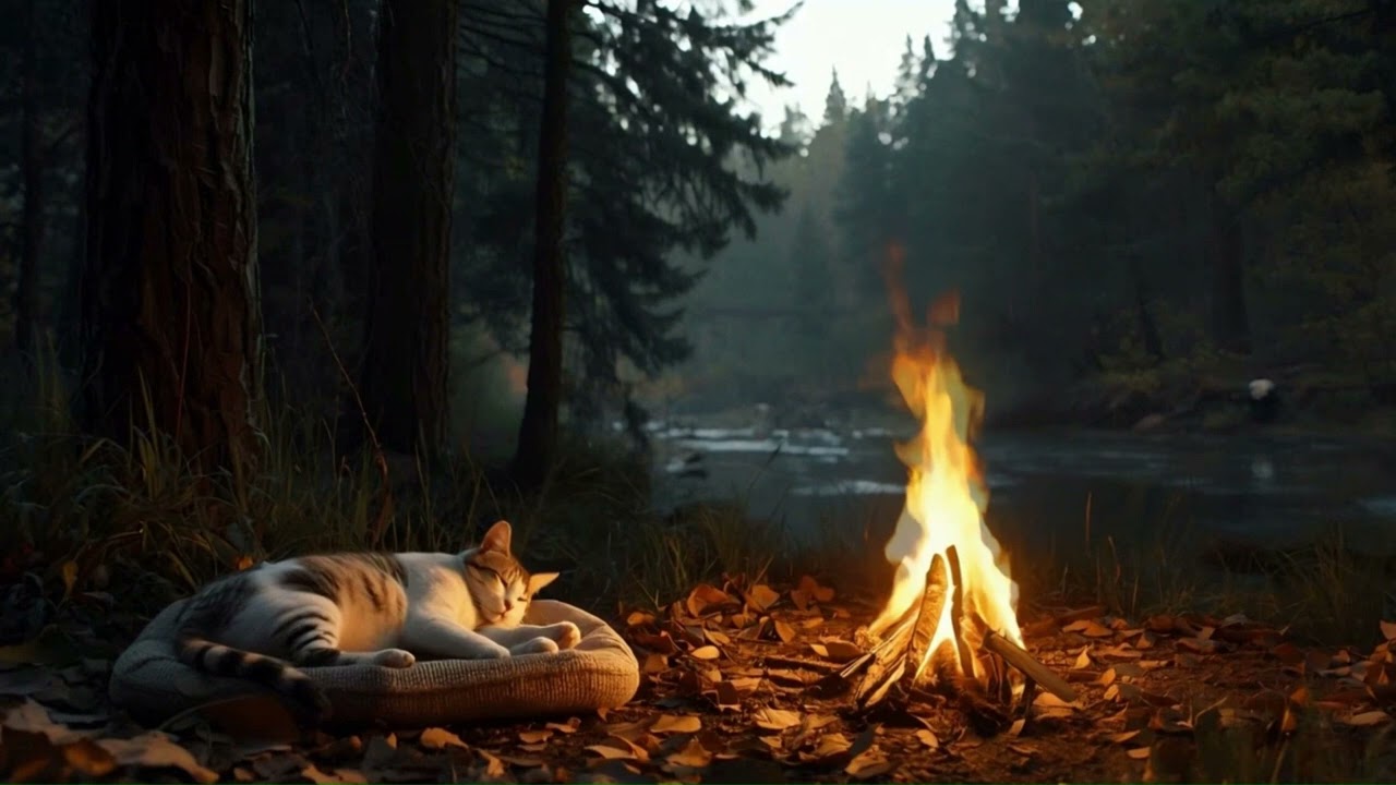 Forest Campfire & Sleeping Cat 🐈🔥 Calm River Sounds for Sleep & Relax