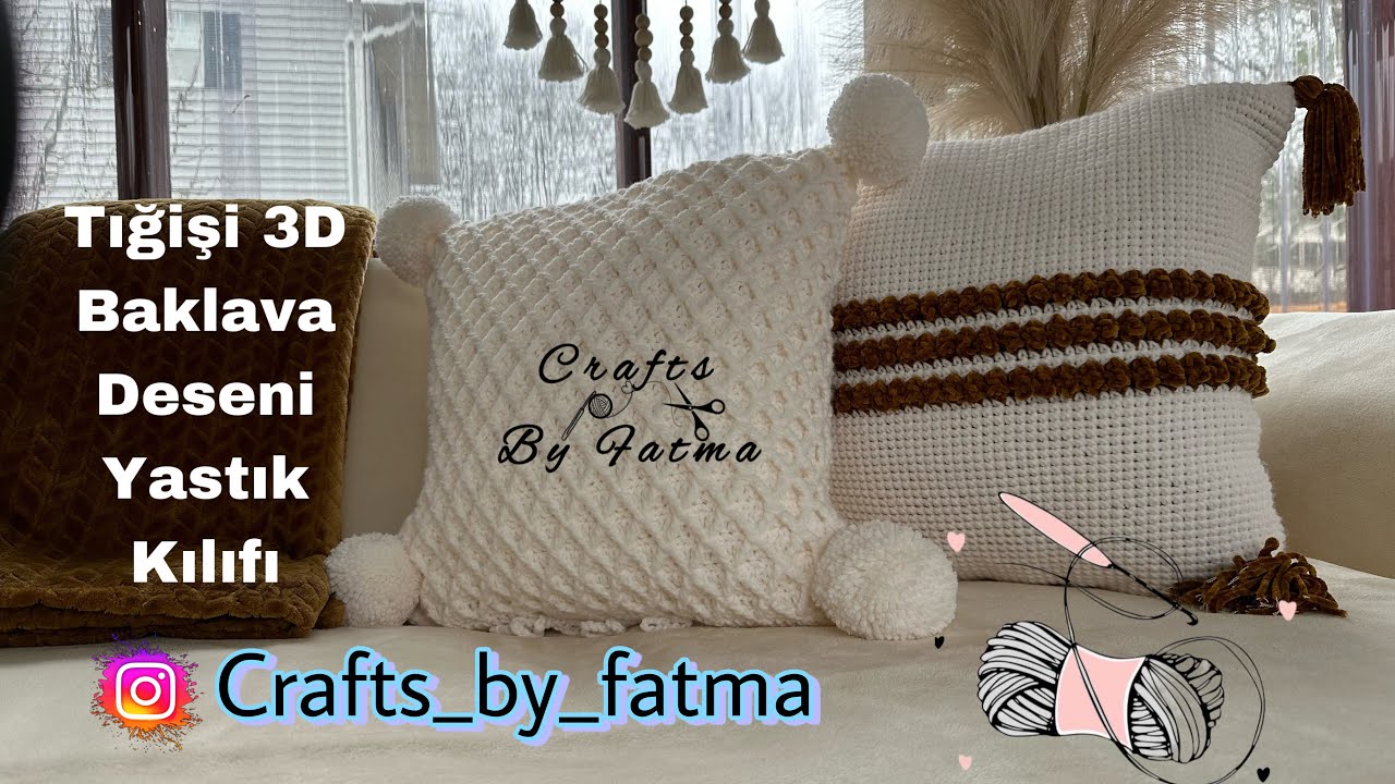 Tığişi 3D Baklava Deseni Yastık Kılıfı / Crochet Pillow Case