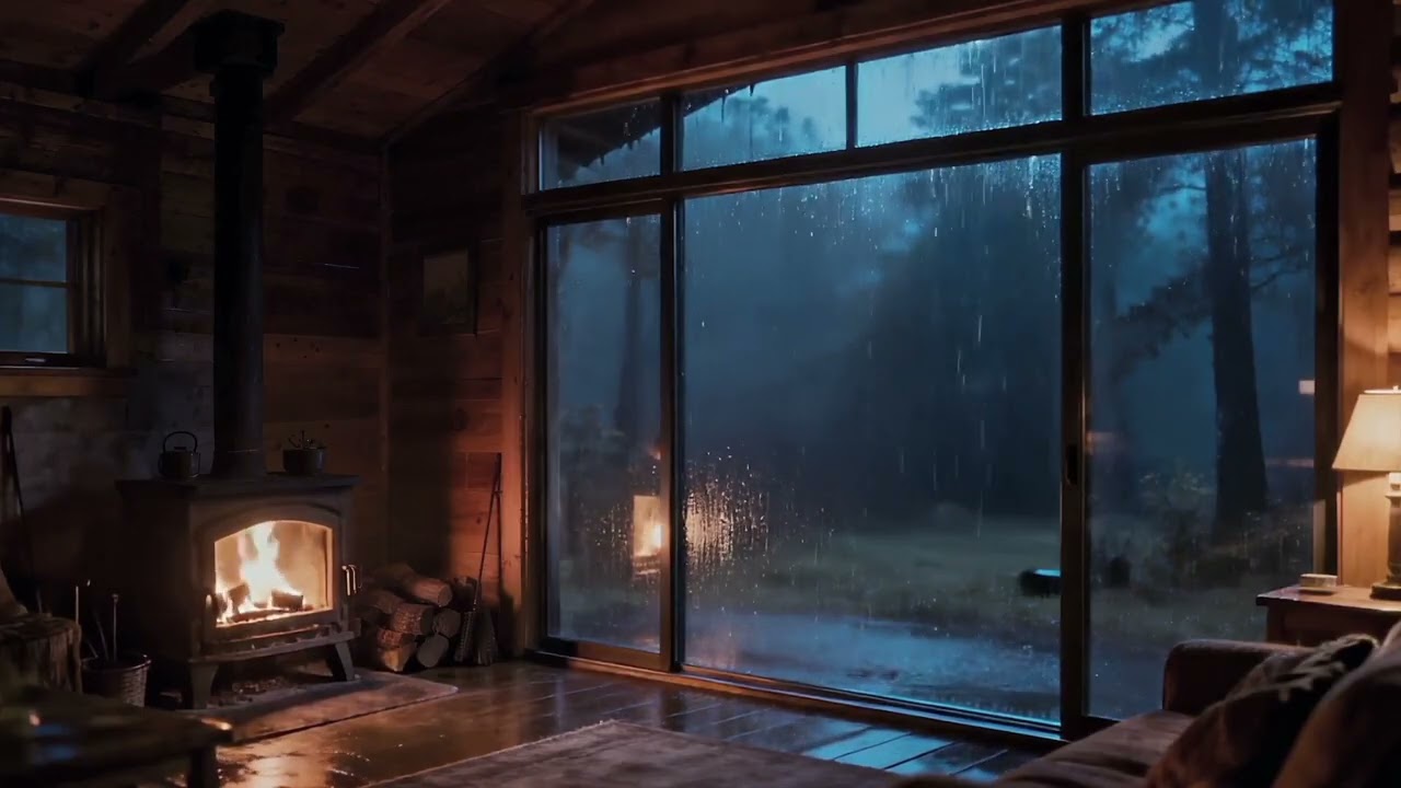 Cozy Cabin Night with Fireplace Heavy Rain & Howling Wind | 8 Hours Deep Sleep & Relaxing Ambience