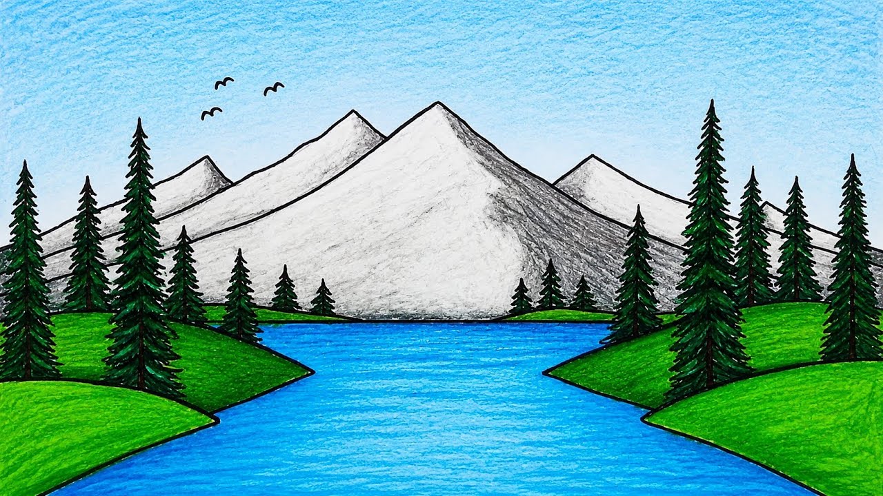 How to Draw Beautiful Mountain Lake | Easy Scenery Drawing