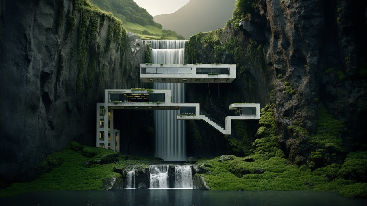 Futuristic house built in a valley drawn by AI