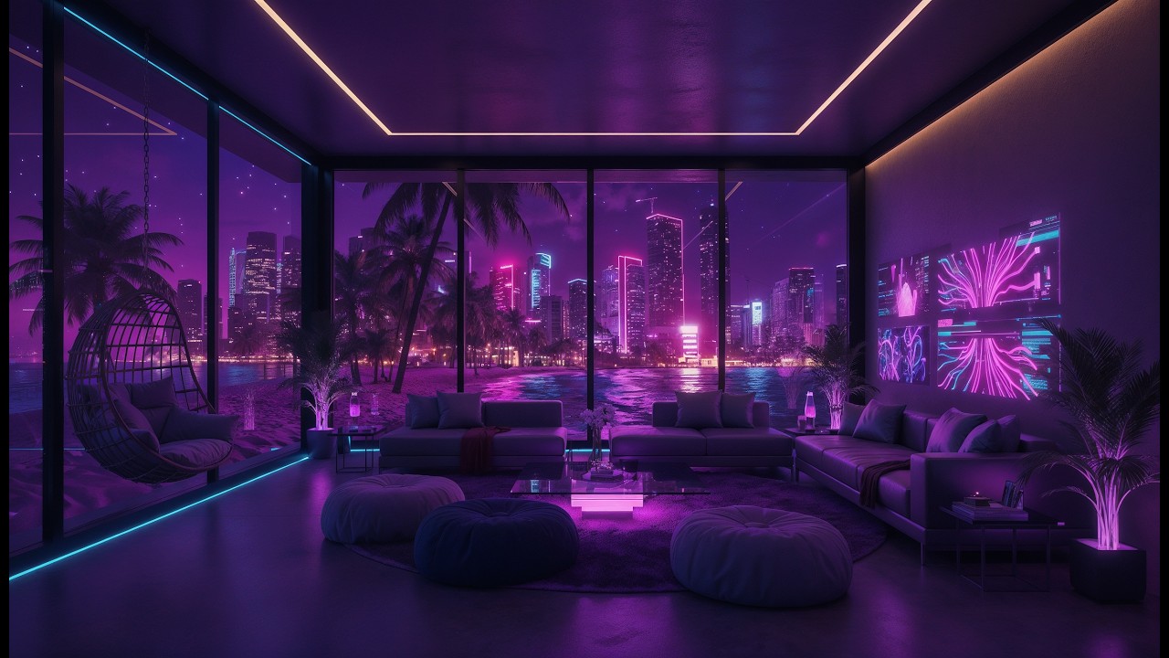 Purple Neon Beach Lounge 💜 Cyberpunk Lofi Radio | Chill Beats to Sleep, Relax & Study