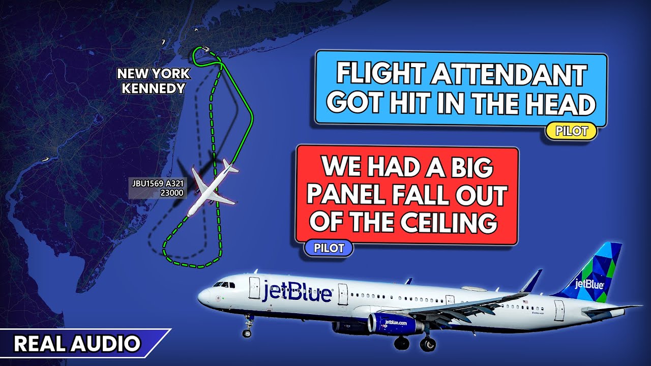 Flight attendant gets injuries after panel fell out of the ceiling of the aircraft. Real ATC
