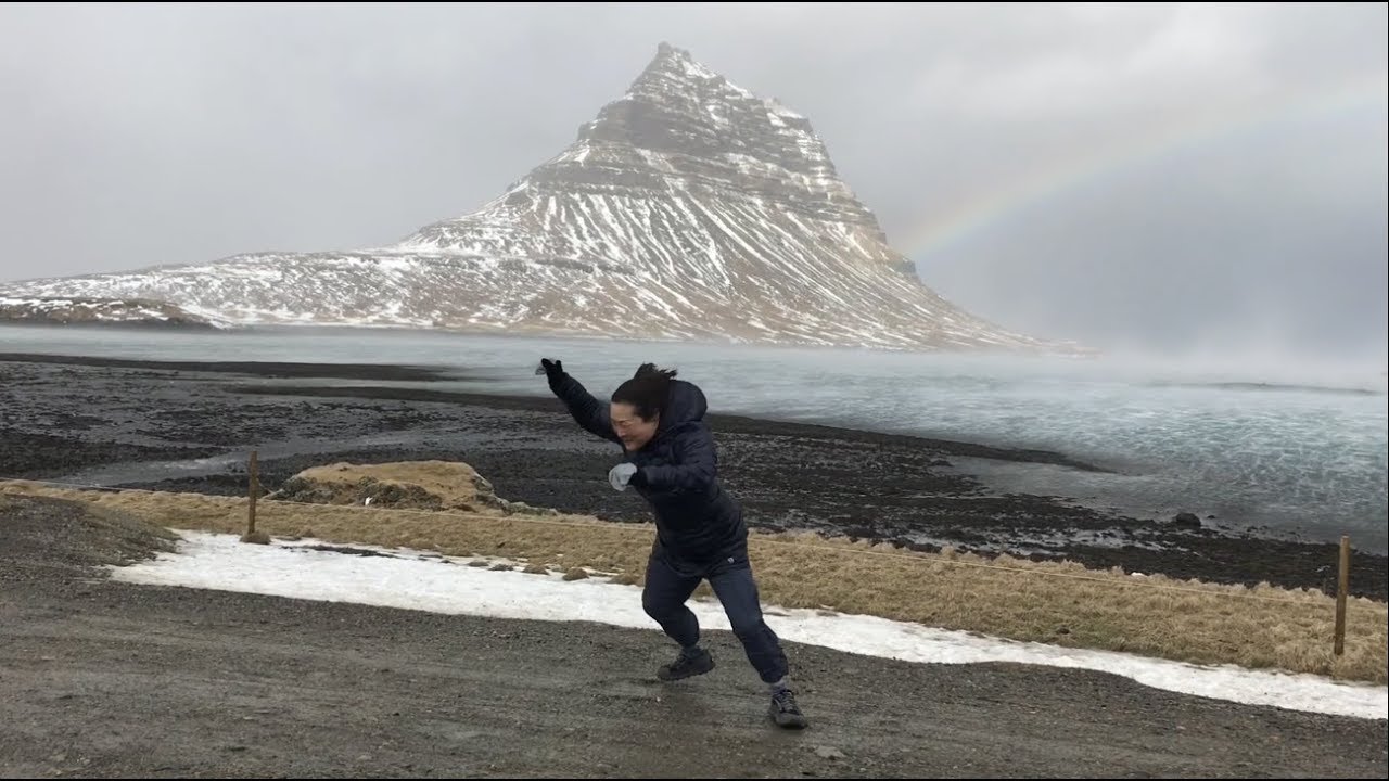 Gale force wind at the Kirkjufell mountain in Iceland