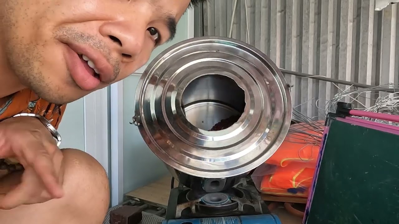 máy rang lạc bằng inox tự chế một mẻ được khoảng 5kg