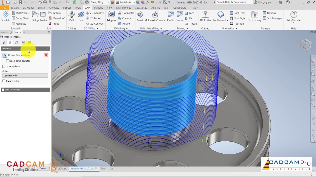Inventor HSM 2020 Tutorial # 31 | Geometry Define tool  & Thread Mill