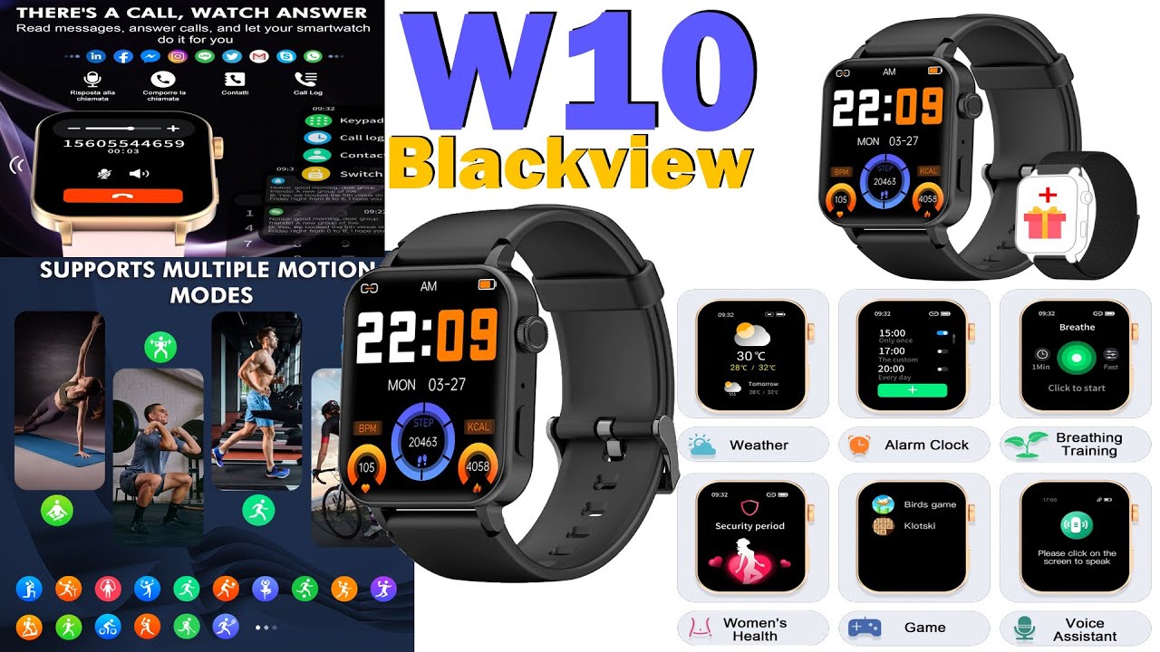Blackview W10, спортивные Смарт-часы с Bluetooth, IP68, вызовами, cенсорным экраном 1,69'