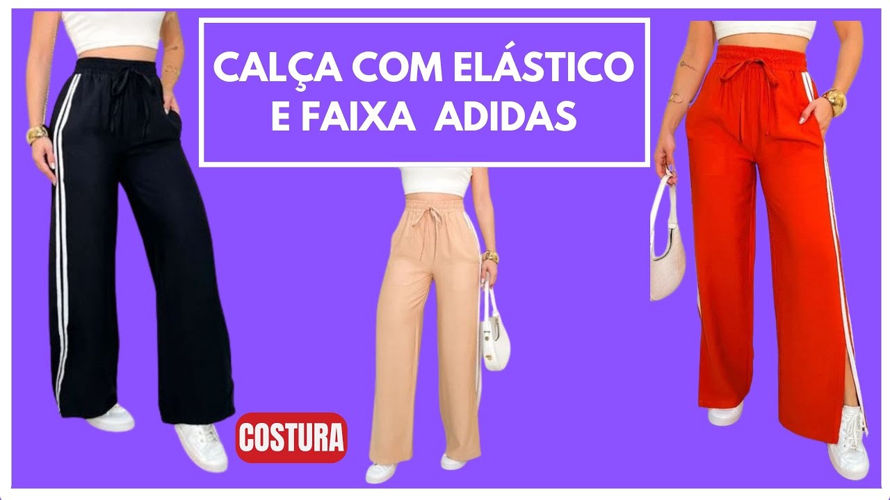 Calça com elástico e faixa adidas - costura