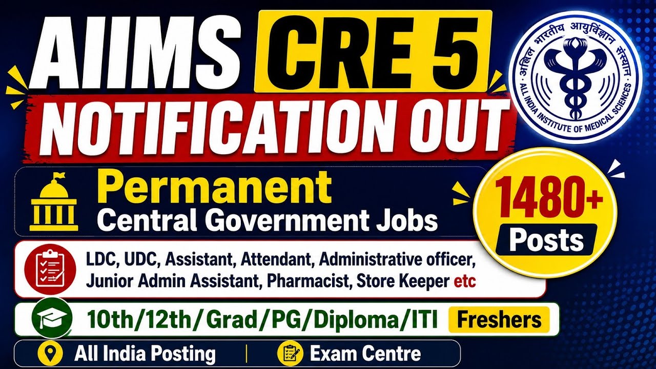 🚨AIIMS CRE-5 Notification Out 🔥 1480+ Permanent Posts| All India Exam & Posting 👉 Apply Now 