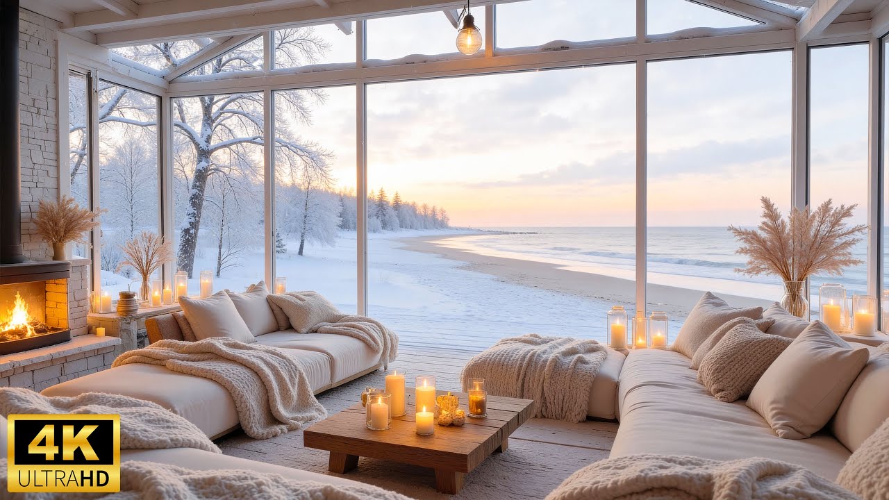 Cozy Winter Cabin by the Sea ❄ Soft Winter Piano, Warm Fireplace & Ocean Sounds to Improve Your Mood