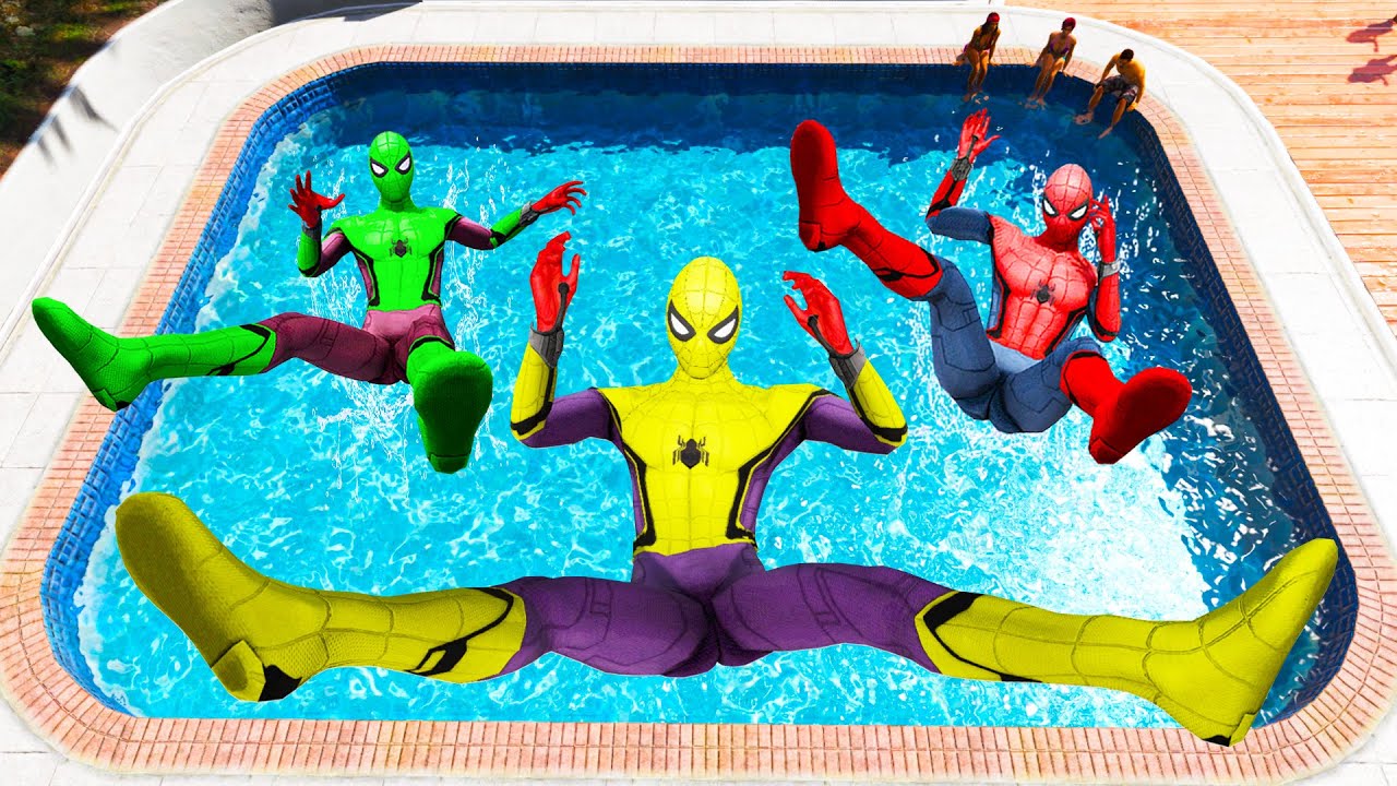 GTA 5 Rainbow   Vs Green Yellow & Red Spiderman Jumping Into Pool (Euphoria Physics/Ragdolls) #1