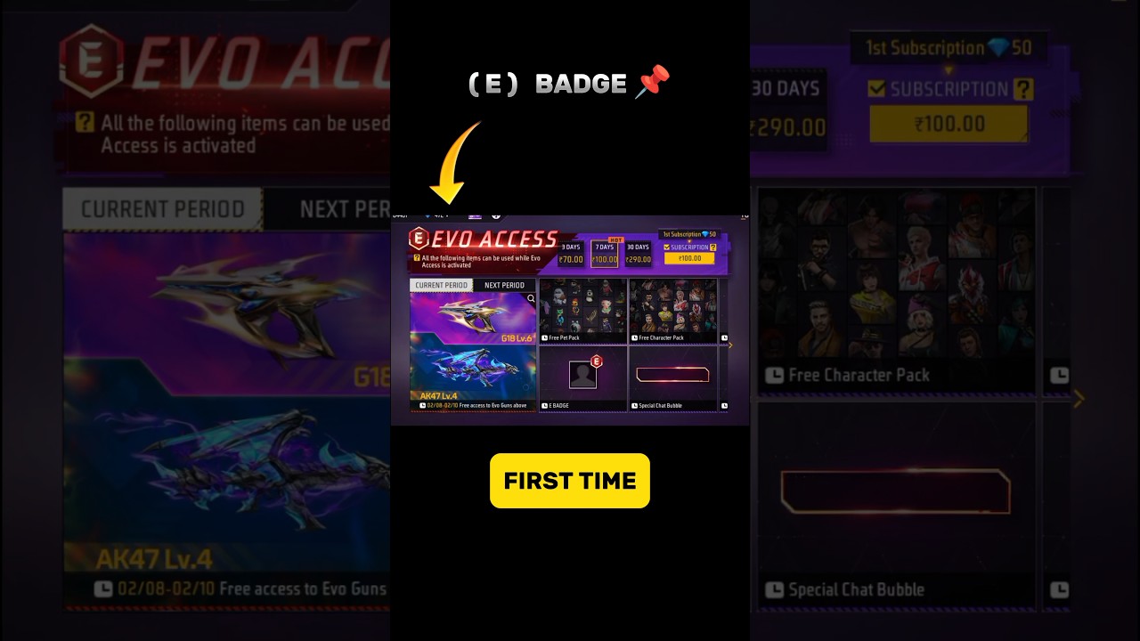 PURCHASE !! EVO ACCESS 📌 ( E ) BADGE 😱 FREE FIRE 🔥 #freefire #newvideo #shorts