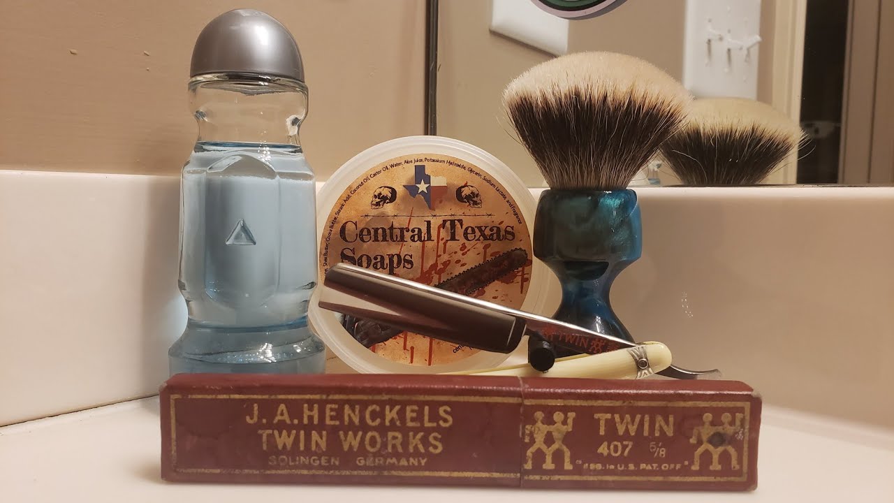 Shave and Shaverage.  Henckels, Central Texas Soaps, Strike Gold, and a phallic Aqua Velva.