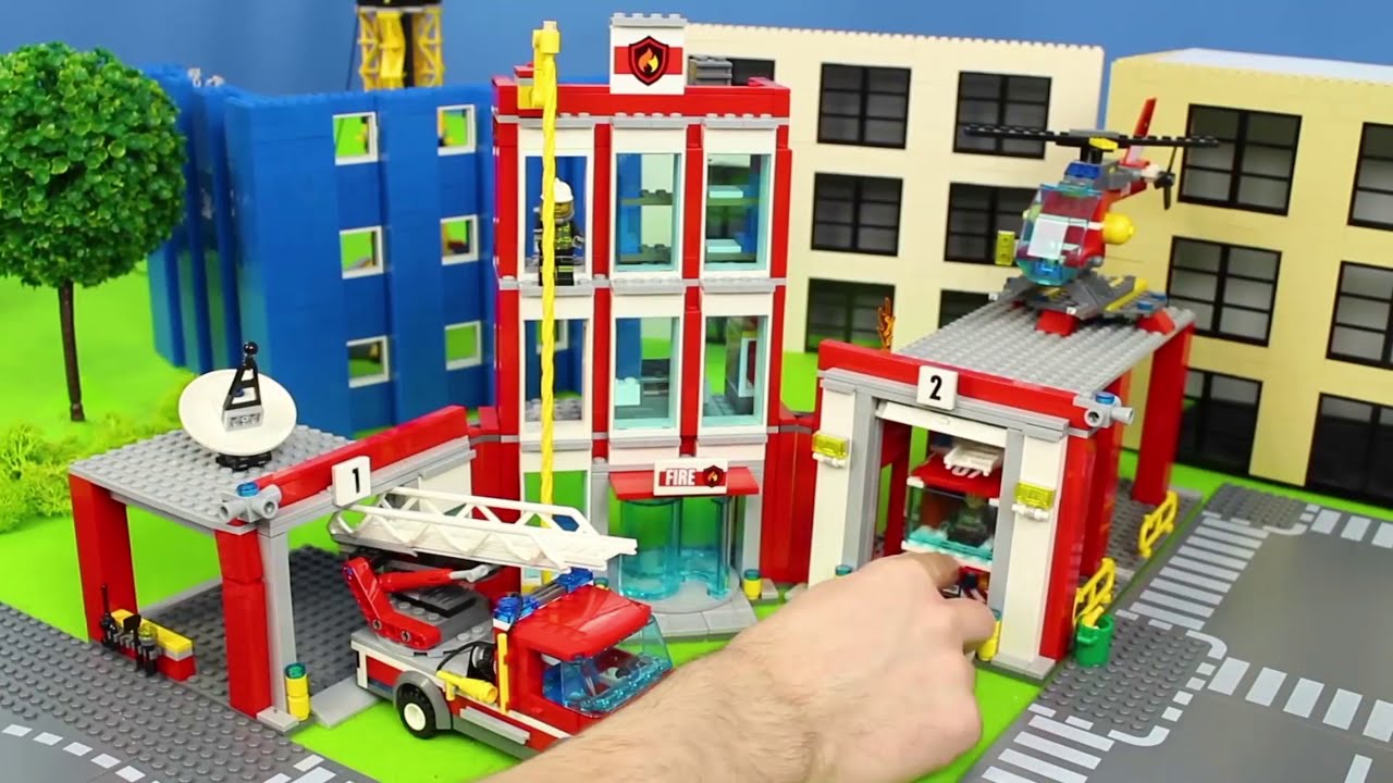 Uma cidade de blocos de constru&ccedil;&atilde;o com um corpo de bombeiros