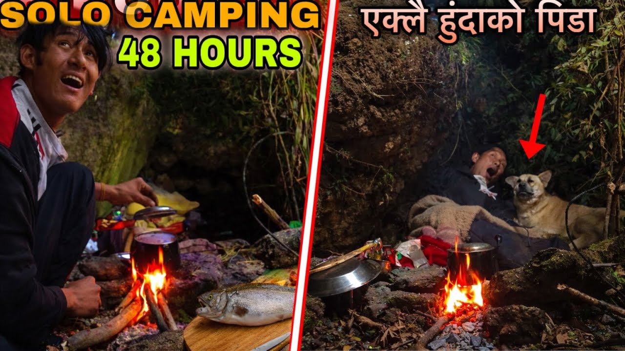Solo Camping and Fishing ! Surviving 48 Hours in Riverside ! Fishing in Nepal ! Camping in Forest 