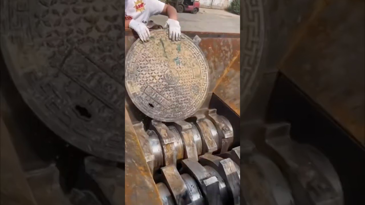 What Happens When a Heavy Manhole Cover Meets an Industrial Shredder? 😳🔥