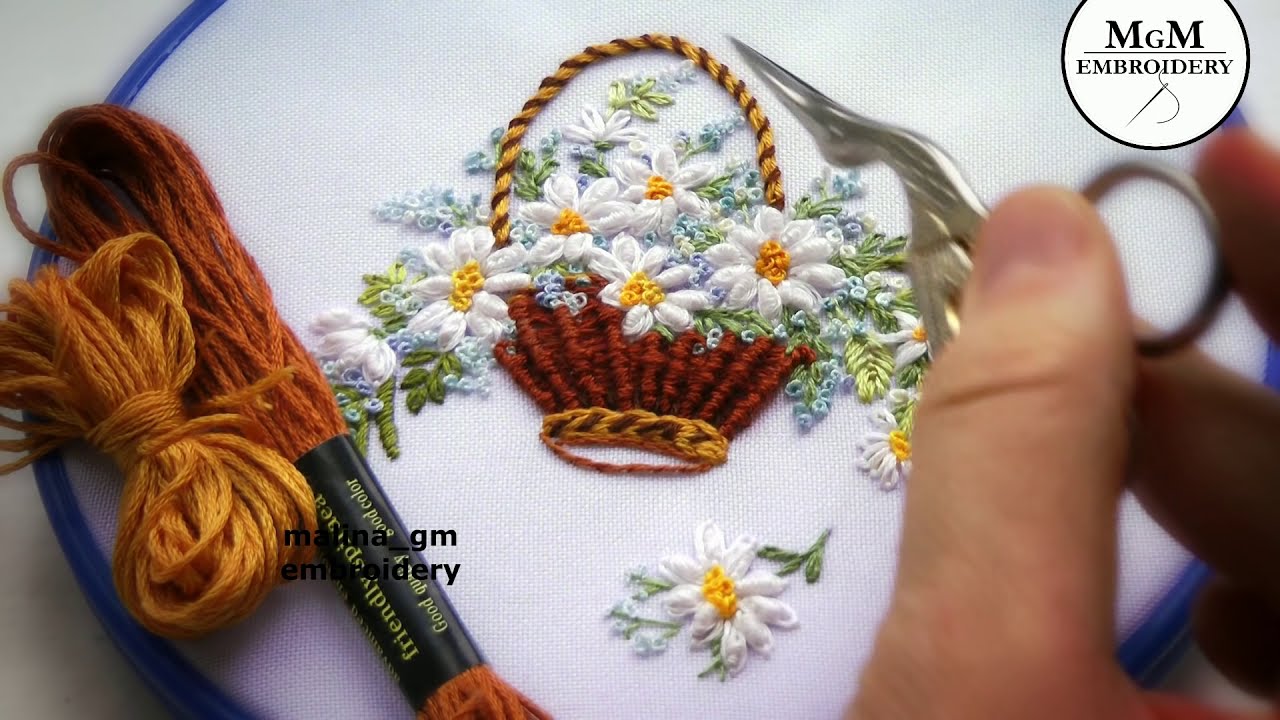 Цветочная вышивка: Корзинка с Ромашками 🌼 лёгкие стежки
