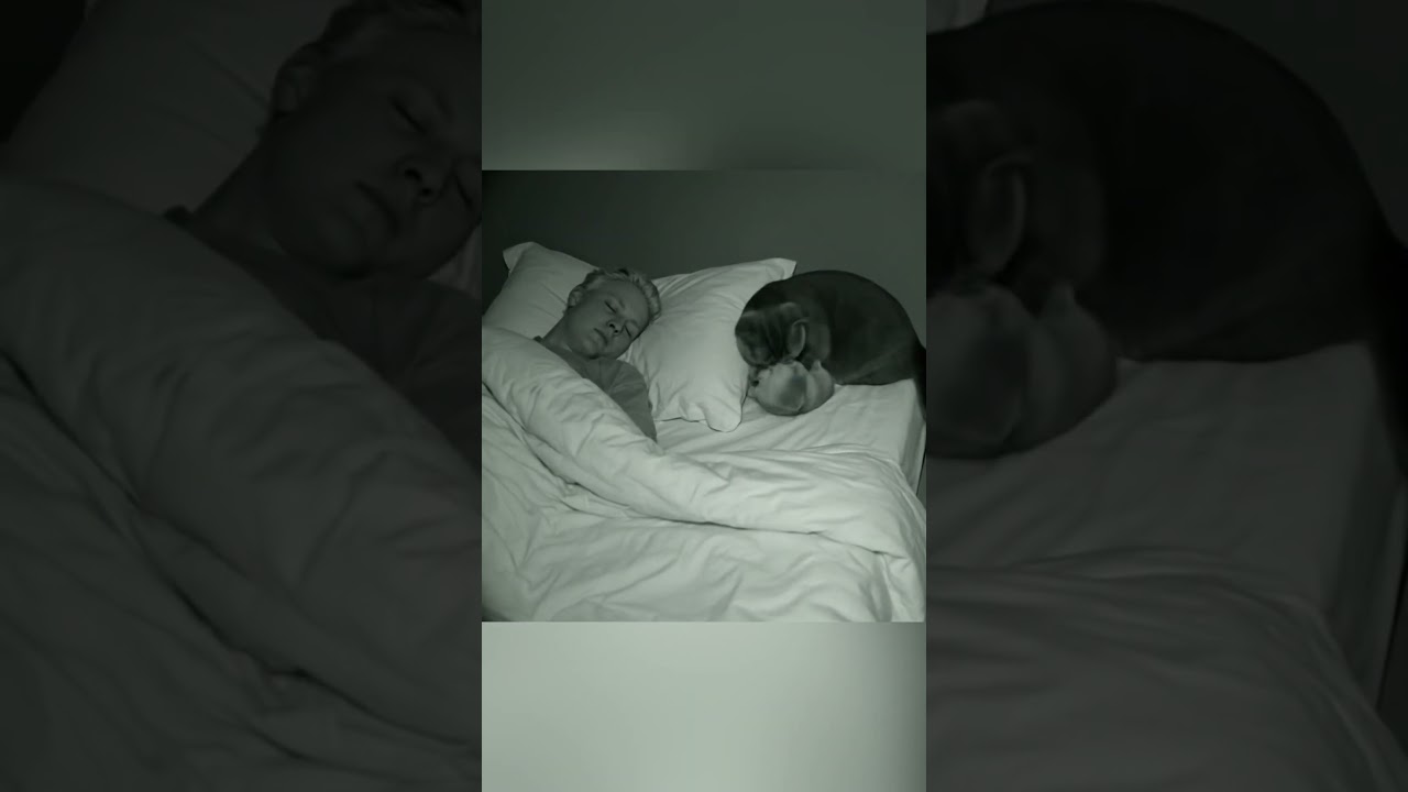 Cat Brings Her Kitten to Sleep Beside Owner...