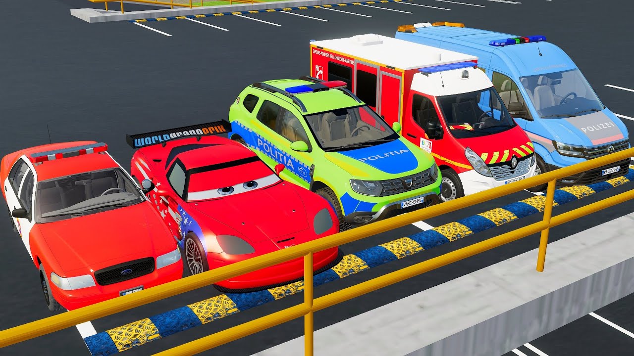 TRANSPORTING CARS, AMBULANCE, POLICE CARS, FIRE TRUCK OF COLORS! WITH TRUCKS! - FS 22