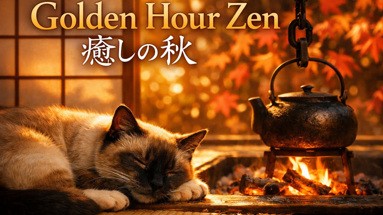 Golden Hour Zen: Relaxing Japanese Autumn Fireplace & Cat | 8K Ultra HD Ambience ASMR (心安らぐ日本の秋の暖炉)