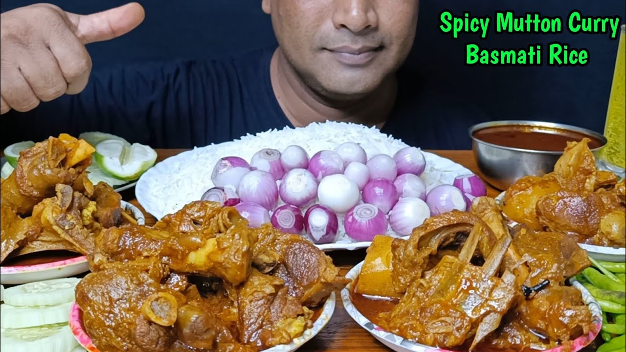 HUGE SPICY MUTTON CURRY, MUTTON NALLI, BASMATI RICE, GRAVY, SALAD, CHILLI, ONION || ASMR MUKBANG 😋😋