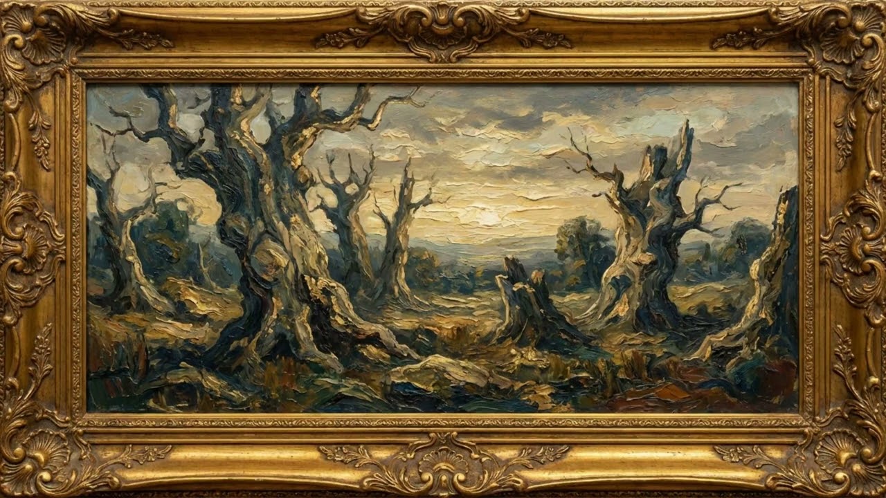 Petrified Forest Dawn 4K TV Art Frame | Ancient Stone Trees for Resilience | Classical Oil Painting
