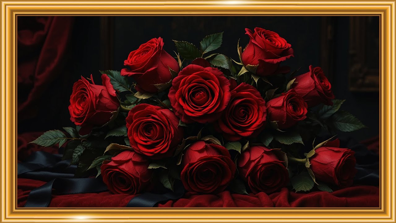 Scarlet Roses & Black Ribbon 🖤🌹 | Baroque Still Life | Framed TV Gallery