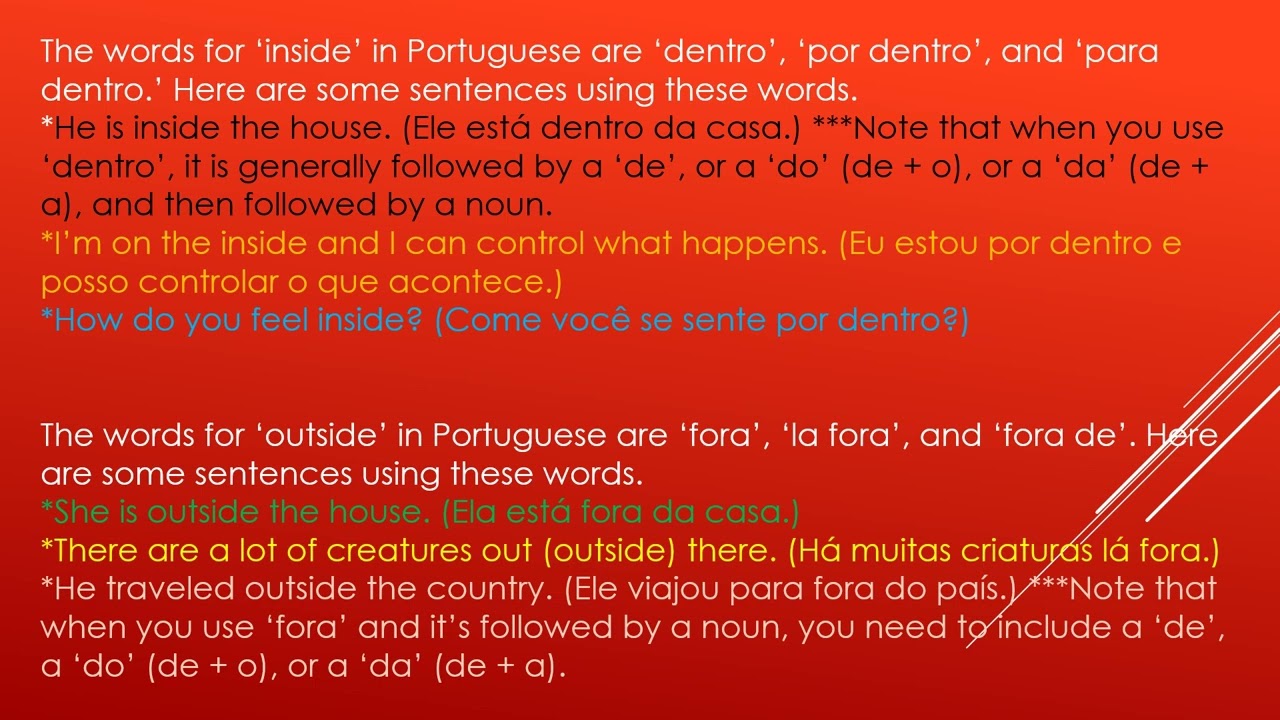 Learning Portuguese #92   Inside, outside