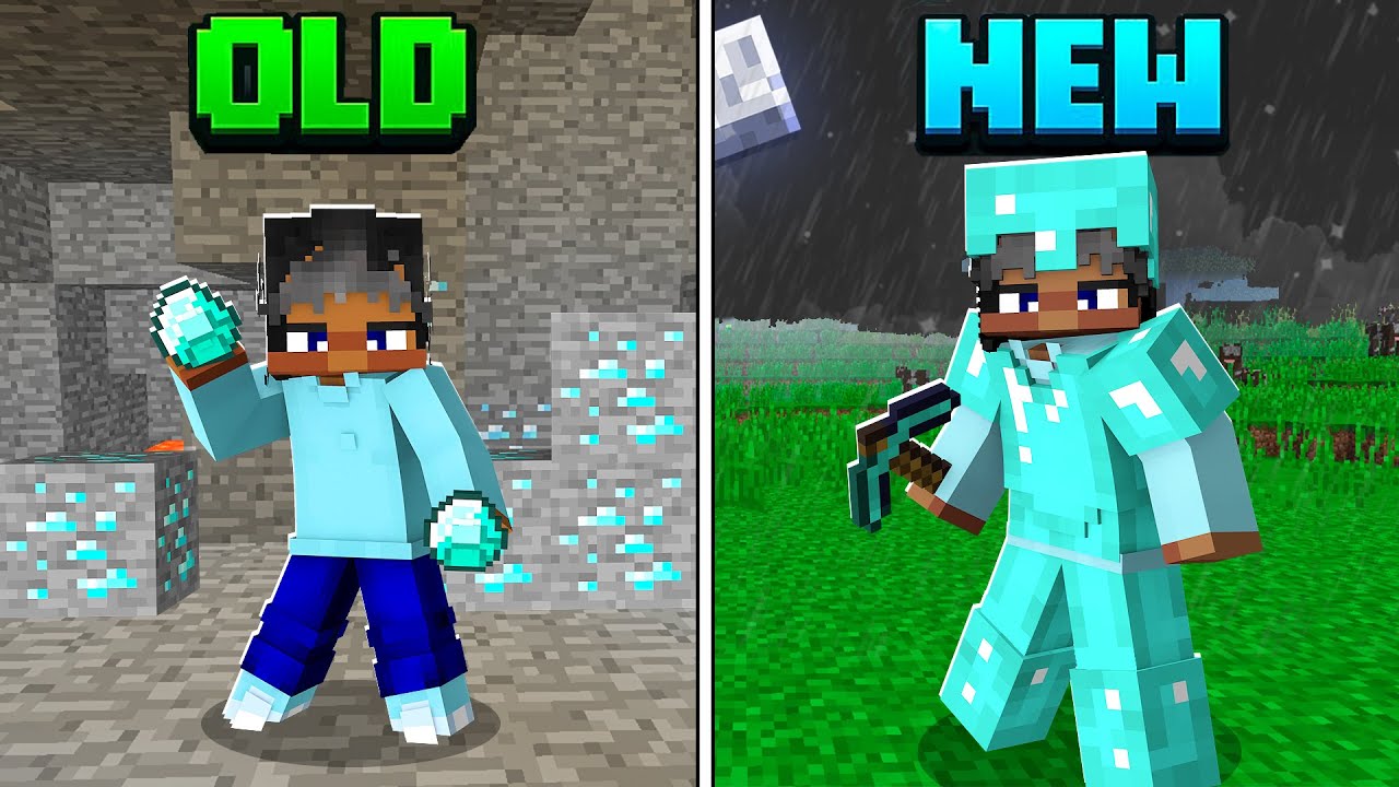 Добыча алмазов в старой и новой версиях Minecraft.