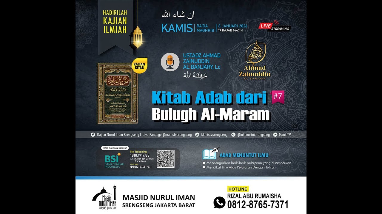 Ust Ahmad Zainuddin Al Banjary, Lc. Kitab Adab Min Bulughul Maram. Bab Hukum berbakti pada orang tua
