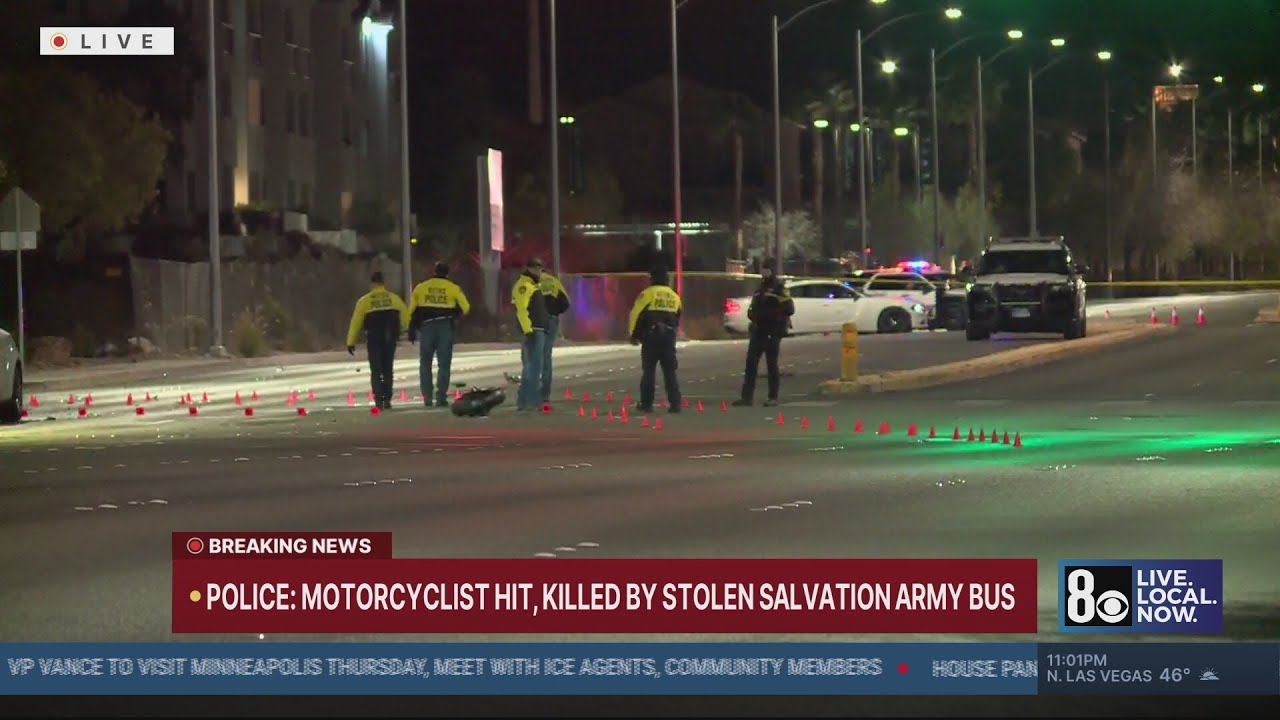 Motorcyclist hit, killed by stolen Salvation Army bus after police pursuit in Las Vegas valley