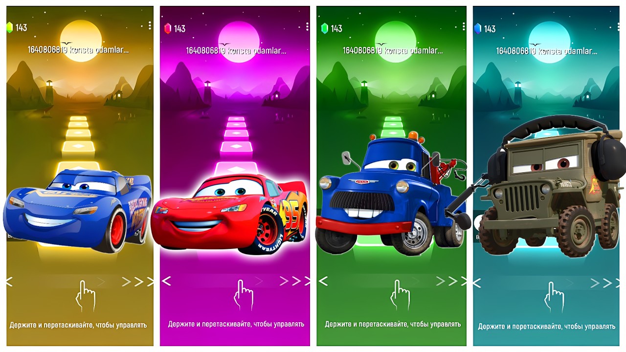 Cars - Blue Lightning McQueen 🆚 Lightning McQueen 🆚 Mater 🆚 Sarge 🎶 Tiles Hop EDM Rush