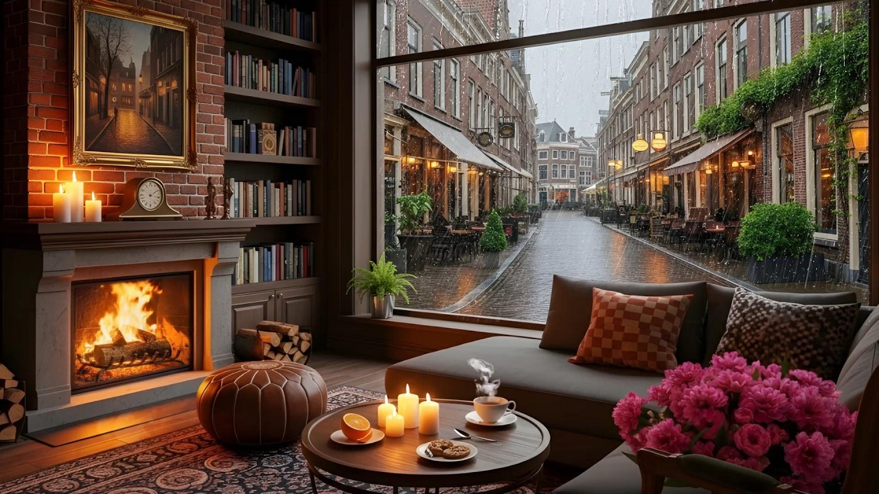Gentle Rainy Night ☕ Warm Jazz Music & Fireplace Sounds for Relaxation & a Good Mood