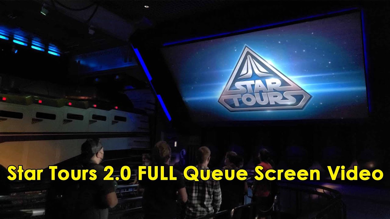 Star Tours 2.0 Полная очередь на видеоэкране — аттракцион «Звёздные войны» в Диснейленде