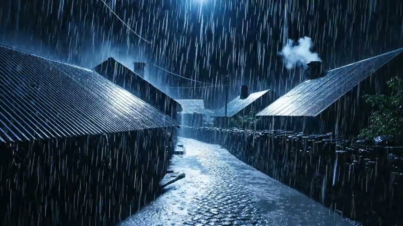 Village in heavy rain at night for better sleep