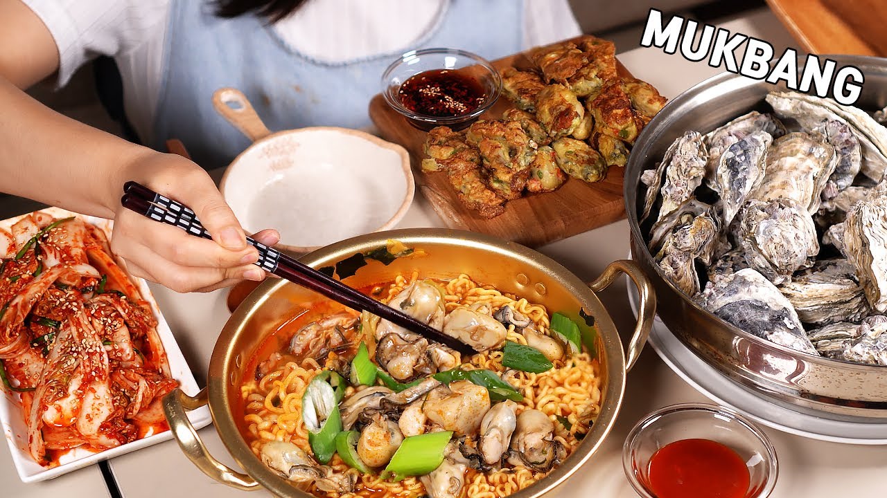 MUKBANG :) устричная вечеринка !! вернулся устричный сезон (устричный блин | устричная лапша, кимчи)
