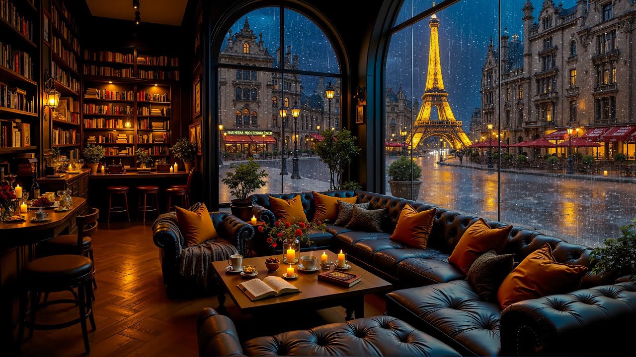 A Bookstore Cafe Ambience in Paris ☕ Smooth Jazz Instrumental Music & Gentle Rain for Relaxation