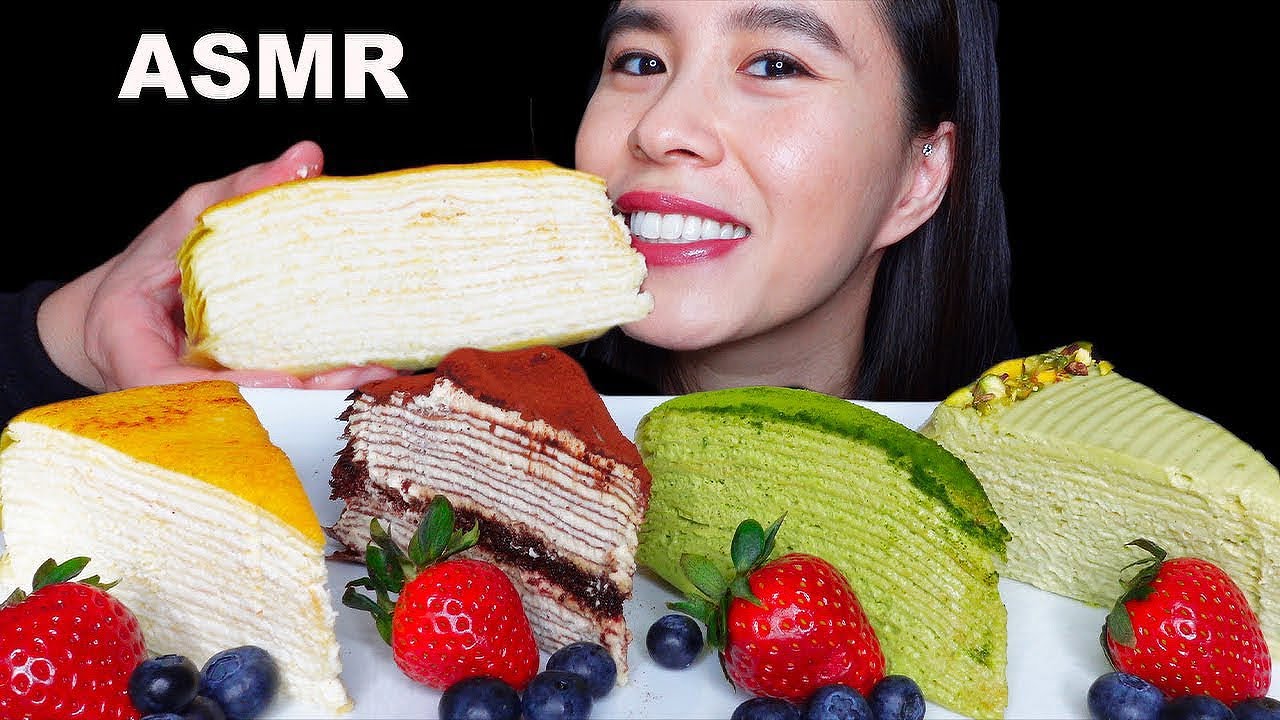 ASMR CREPE CAKE (SIGNATURE, TIRAMISU, GREEN TEA, PISTACHIO) MUKBANG 먹방 (No Talking) EATING SOUNDS